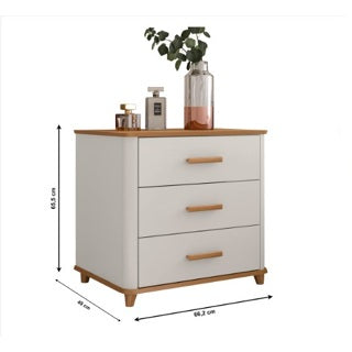 Mesa de Cabeceira 3 Gavetas Mini Cômoda Maitê cor Off White com Nature