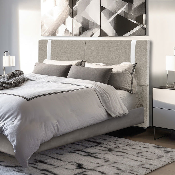Cabeceira Estofada Elegance com Pé em Tecido Linho - Detalhes em Courino - Exclusiva - Cores e Medidas