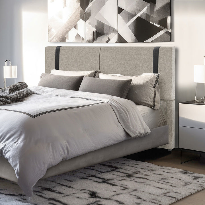 Cabeceira Estofada Elegance com Pé em Tecido Linho - Detalhes em Courino - Exclusiva - Cores e Medidas
