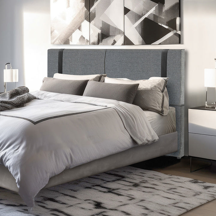 Cabeceira Estofada Elegance com Pé em Tecido Linho - Detalhes em Courino - Exclusiva - Cores e Medidas