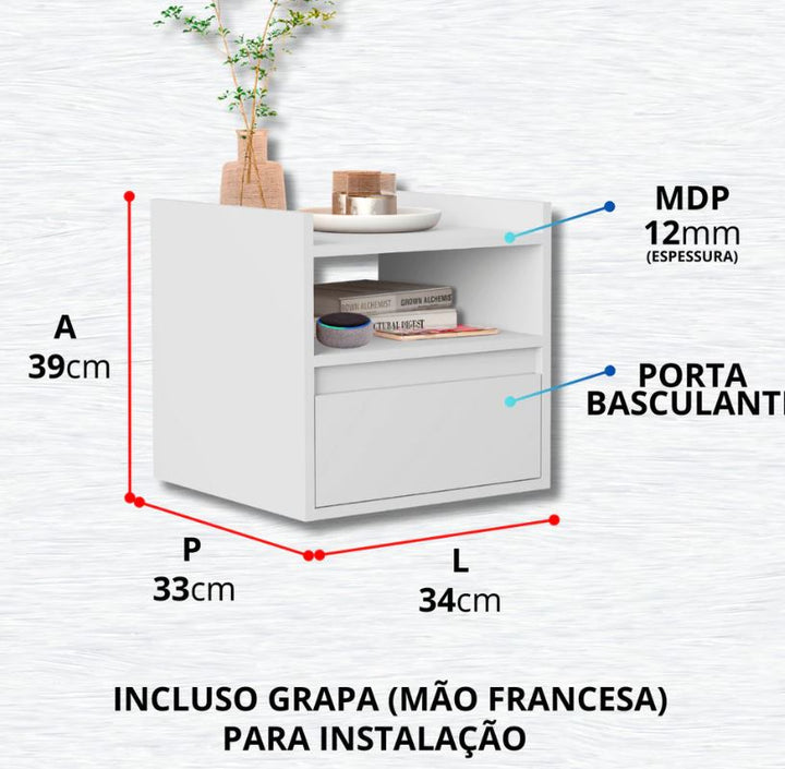 Mesa de Cabeceira Suspensa Retrô com 1 Gaveta e Nicho – LUNA